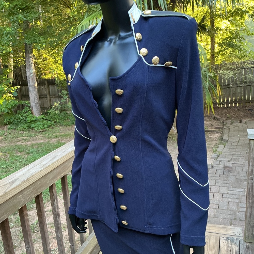 Blue and Gold Military-Inspired Blazer with High Collar